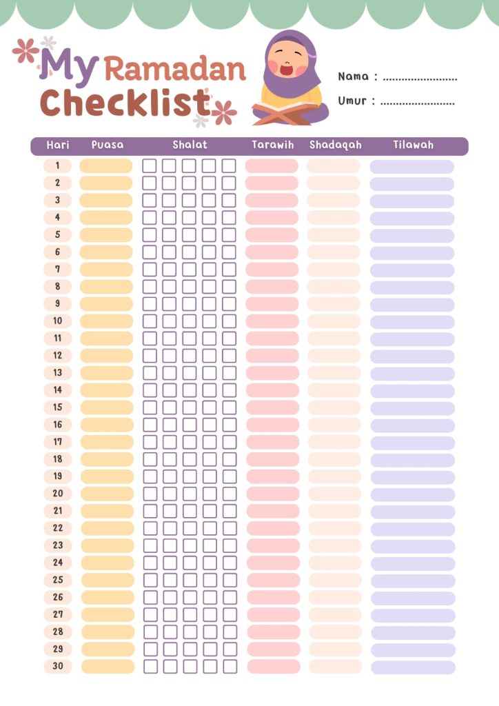 Ramadan Checklist Anak Gratis Rumah Bunayya