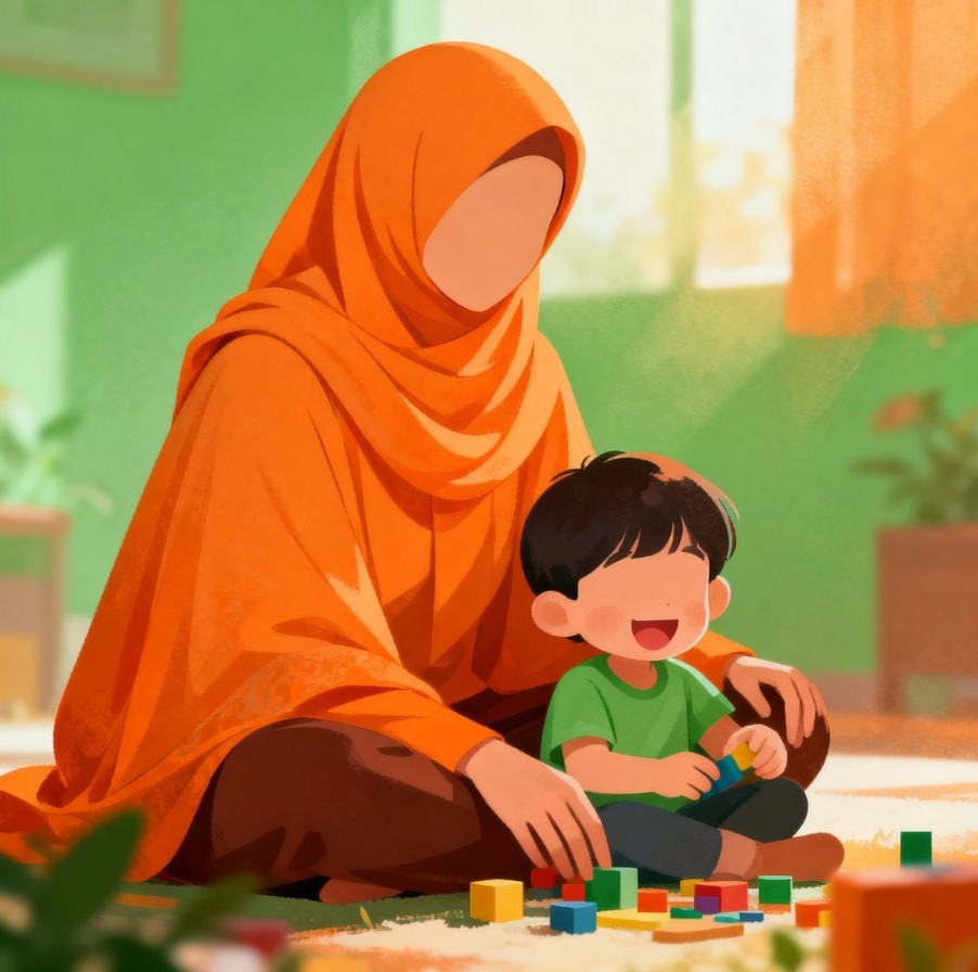 Ilustrasi ibu hamil berjilbab mengasuh anak saat bulan Ramadhan